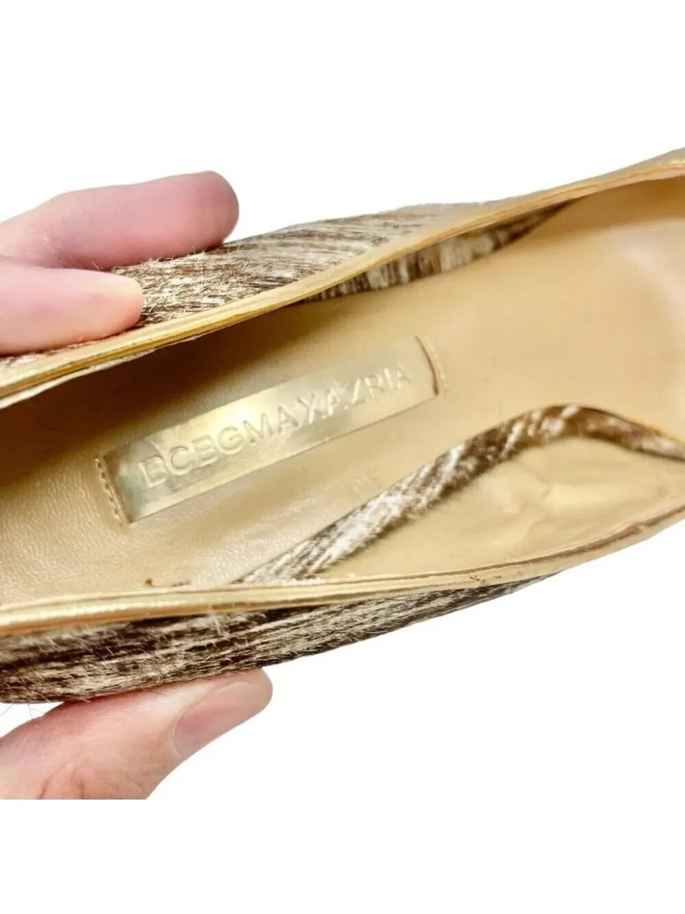 BCBG MaxAzria Ma-Valletta Calfhair and Gold Wedge Heels US 7